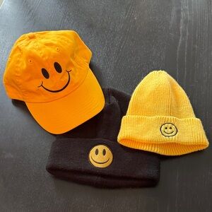 NWOT Y2K Smiley Face Yellow and Black Hat Beanies 3pc Cap and Beanie Set